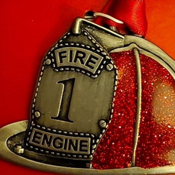 Christmas Tree Ornament Red Glitter/Pewter Trim Firefighter's Helmet Made In USA - Picture 3 of 9
